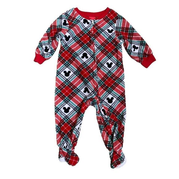 DISNEY Mickey Mouse Baby Plaid One-Piece Footed Zip Pajamas 12 M - Picture 1 of 3